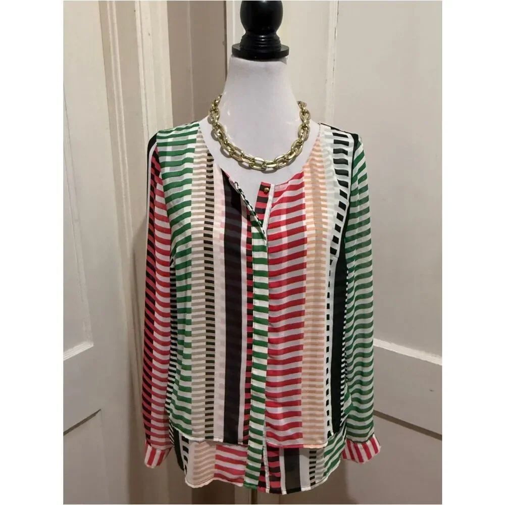Worthington Striped Multicolor Button-Front Long Sleeve Top